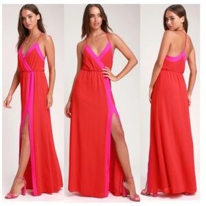 Lulu’s Bright Side Coral Res Color Block Maxi Dress.  Size Small